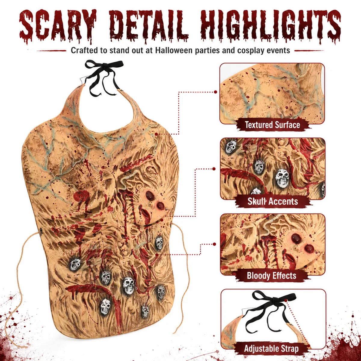 Detail graphic highlights the textured surface, skull accents, bloody effects, and ties.