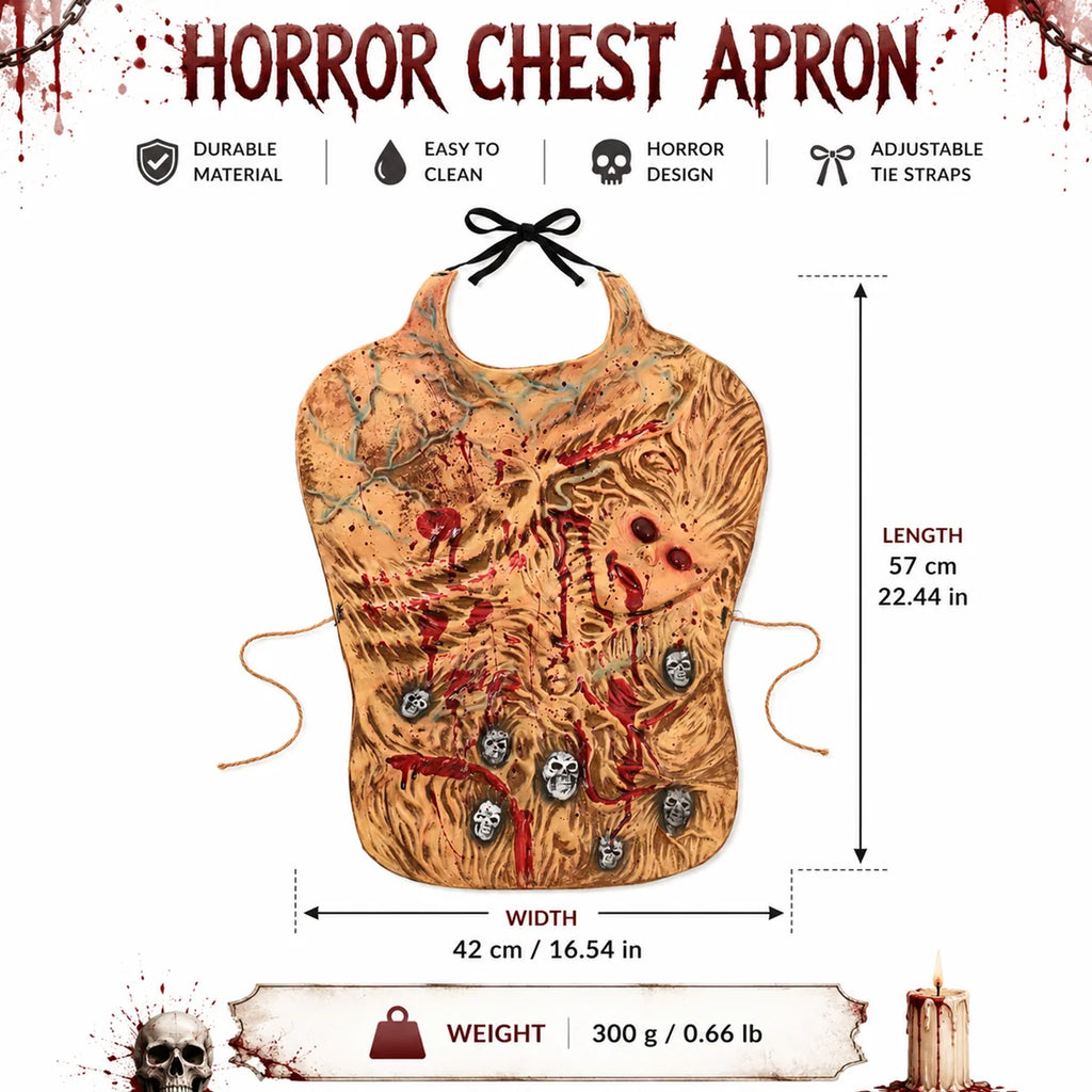 Dimension graphic shows the horror apron length, width, and weight.