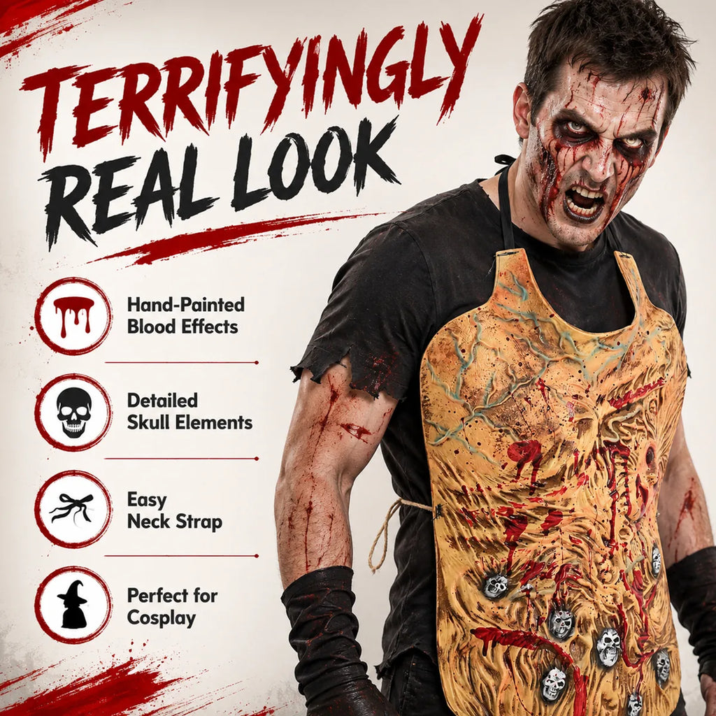 Feature graphic shows the apron worn as a realistic-looking horror costume accessory.