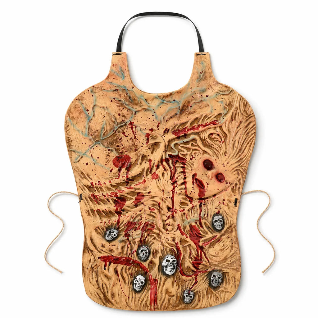 Bloody skeleton horror apron shown from the front with textured body and skull details.