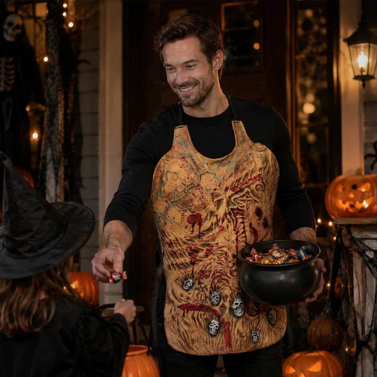 Adult wears the bloody skeleton apron while handing out Halloween candy.