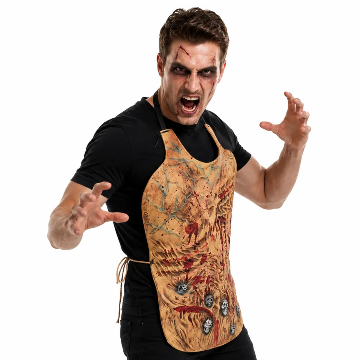 Adult wears the bloody skeleton horror apron over a black shirt.