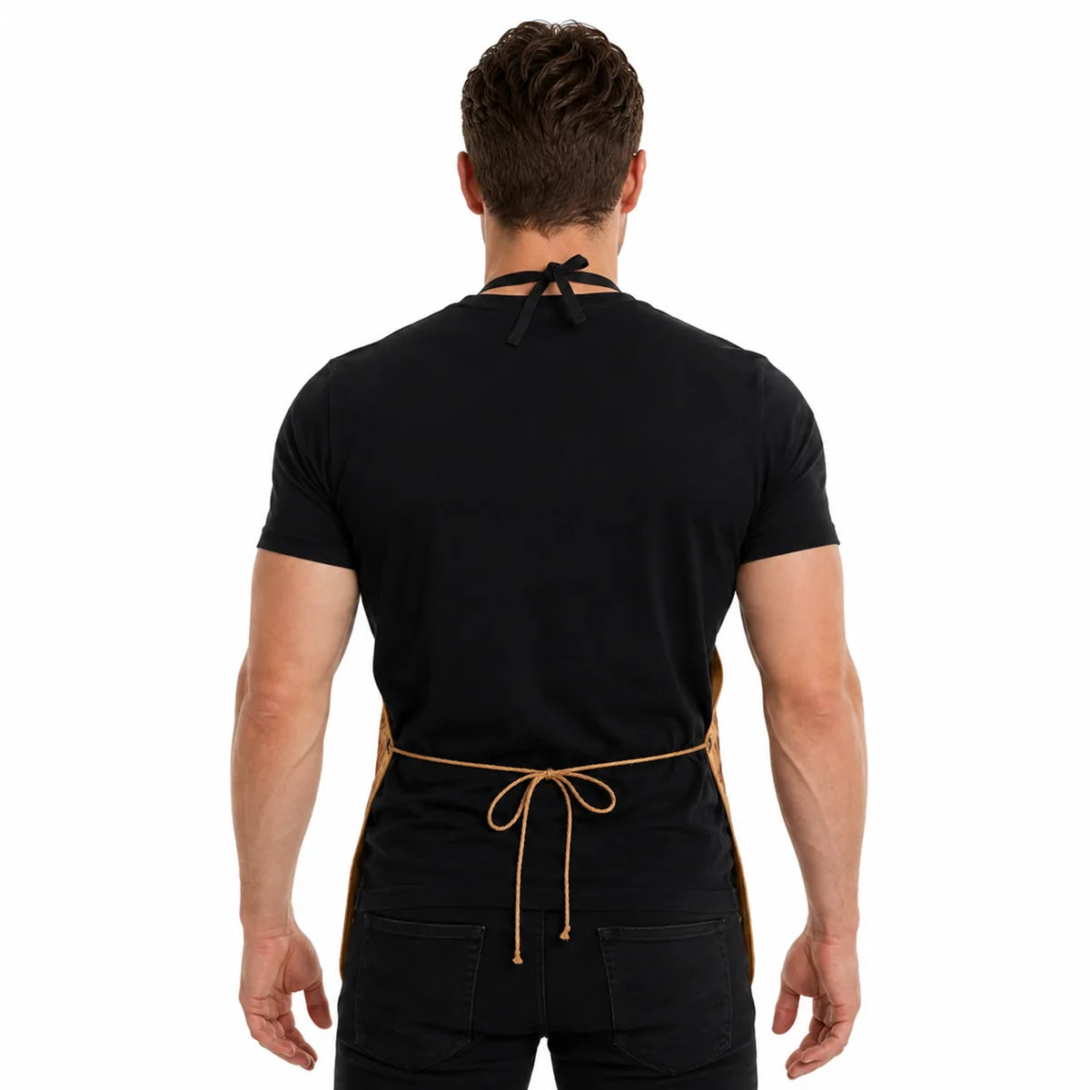 Side and back views show the apron profile and adjustable tie closures.