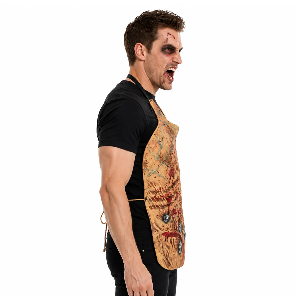 Three-quarter worn view of the bloody skeleton horror apron shows the printed wounds and small skull accents.