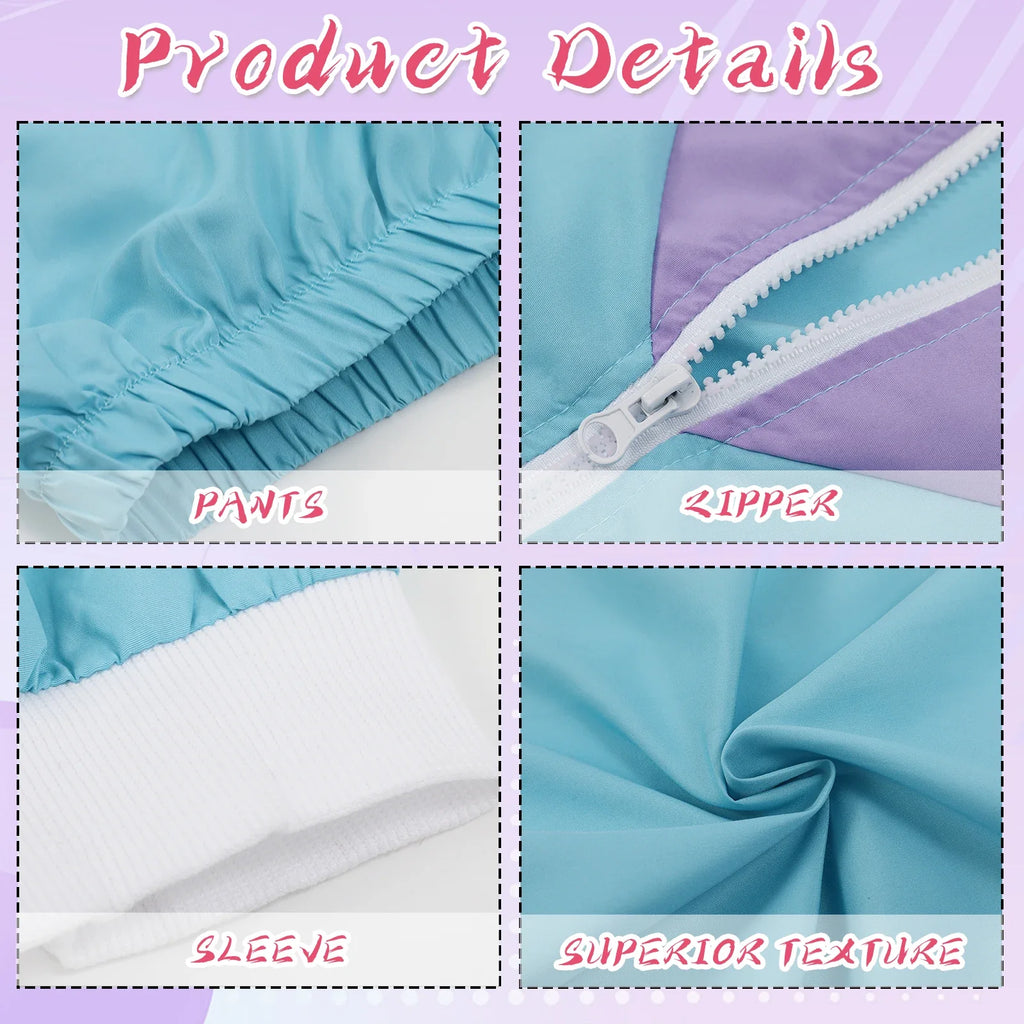 Close-up views of the color-block panels, elastic details and front zipper on the Blue Accessory Set.