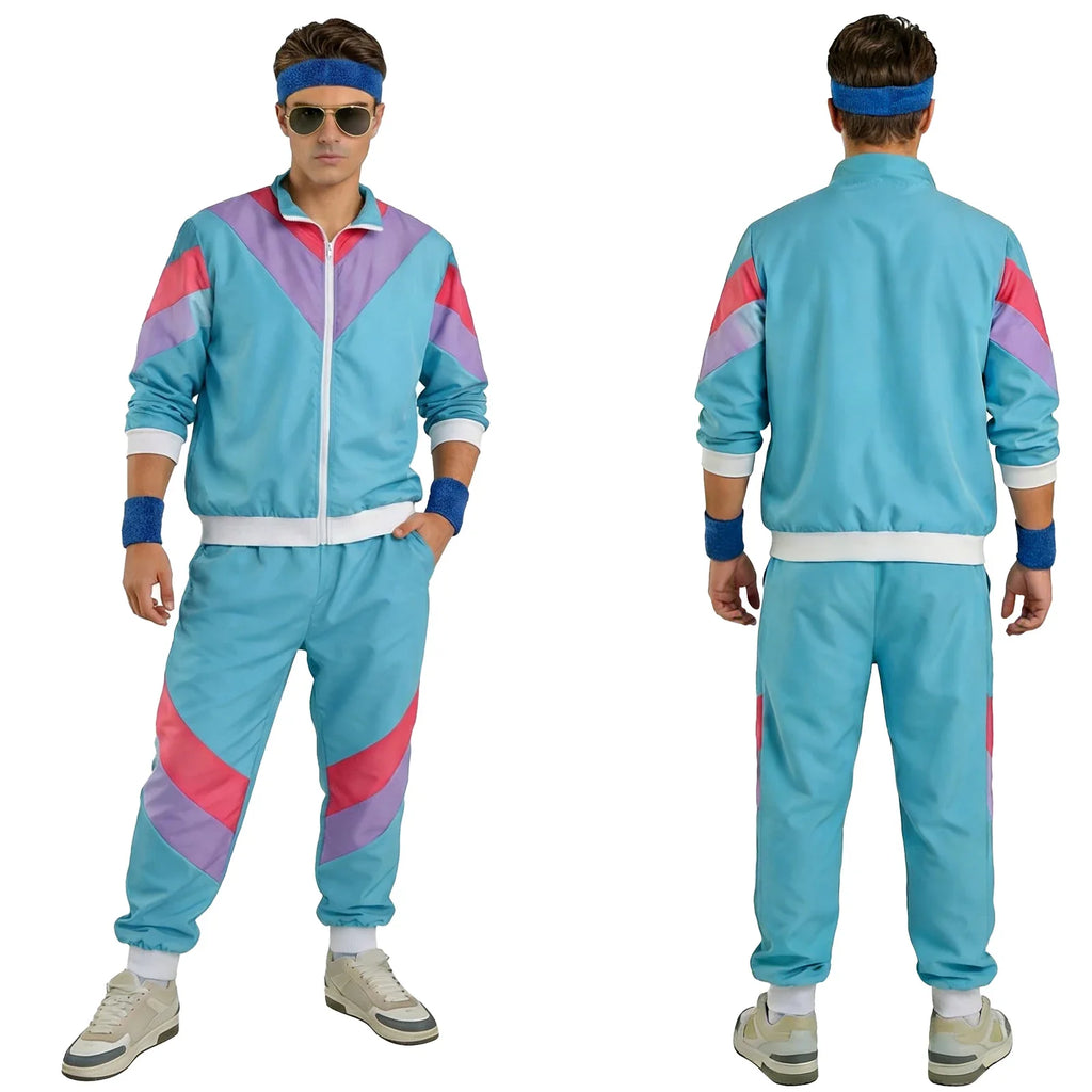 Front and back worn views of the Blue Accessory Set 80s color-block tracksuit costume.