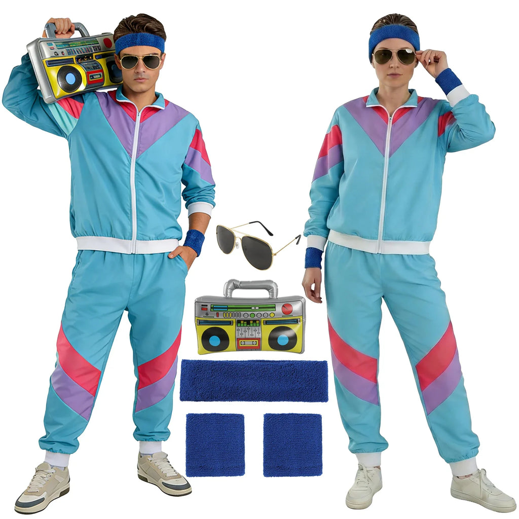 Adult wearing the Blue Accessory Set 80s retro tracksuit costume in a full-length front view.