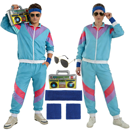 Adult wearing the Blue Accessory Set 80s retro tracksuit costume in a full-length front view.