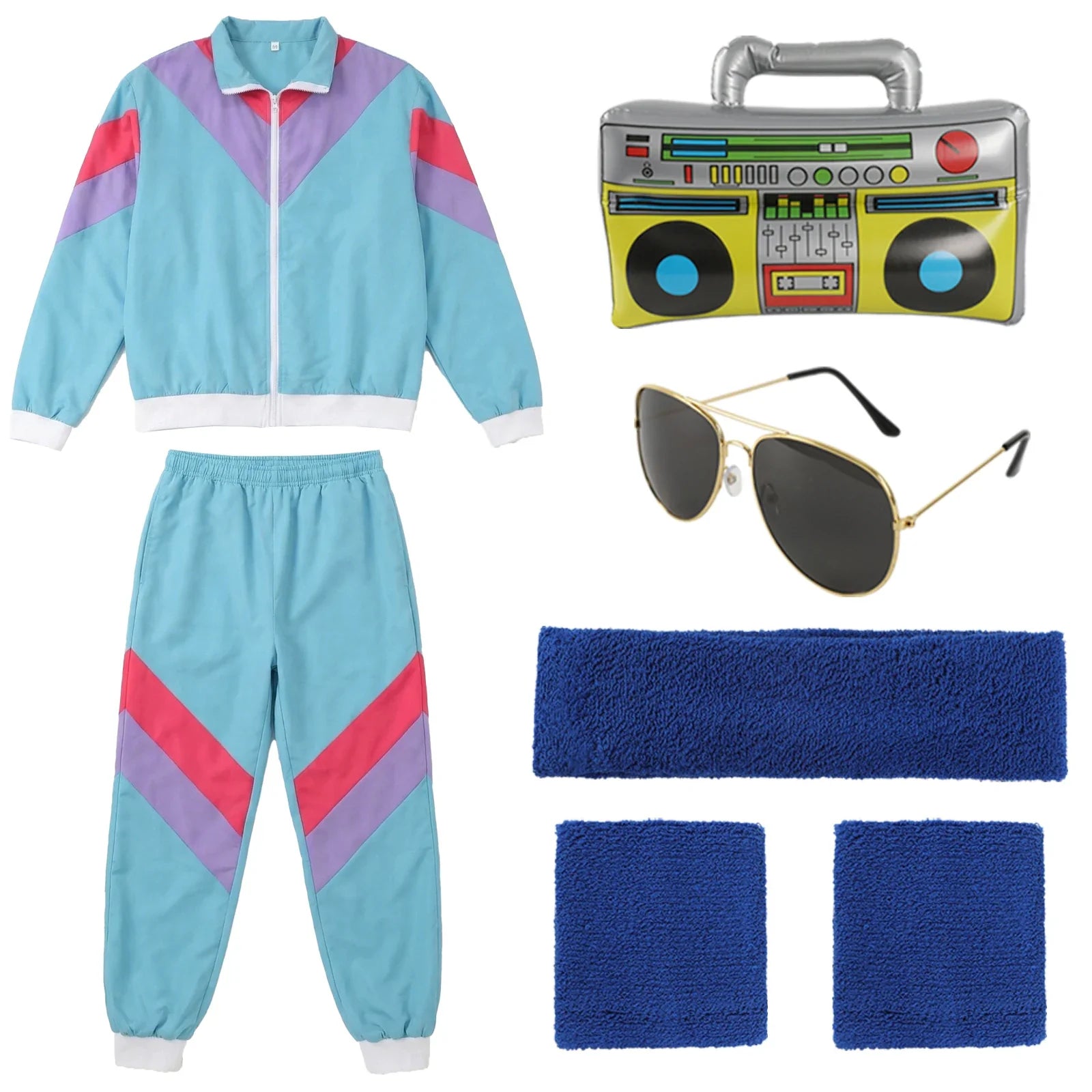 The Blue Accessory Set tracksuit displayed with the included headband, wristbands, sunglasses and boombox-shaped costume prop.