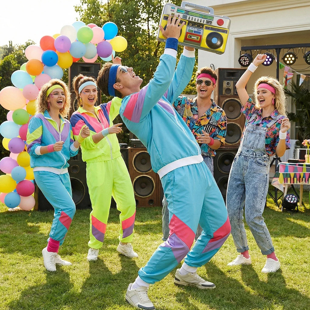 Adult modeling the Blue Accessory Set at a colorful retro-themed party.