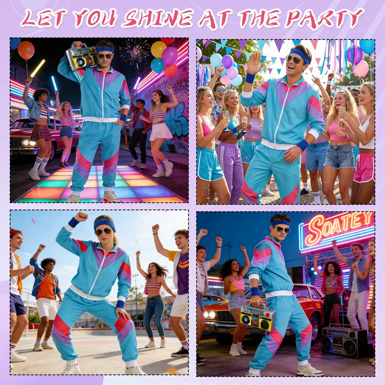 Adults wearing the Blue Accessory Set in multiple energetic 80s party scenes.
