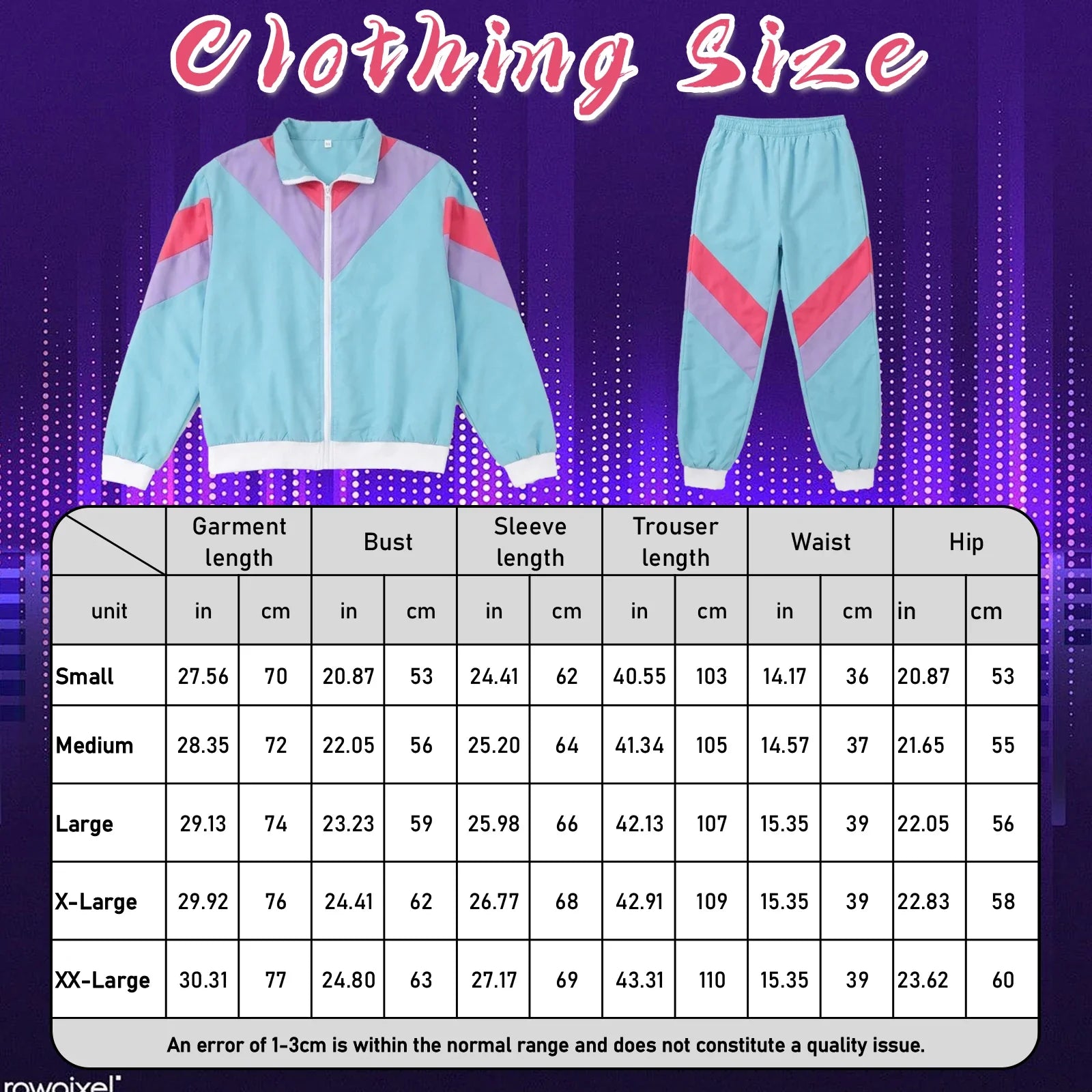 Garment measurements for the Blue Accessory Set in adult sizes S through 2XL.