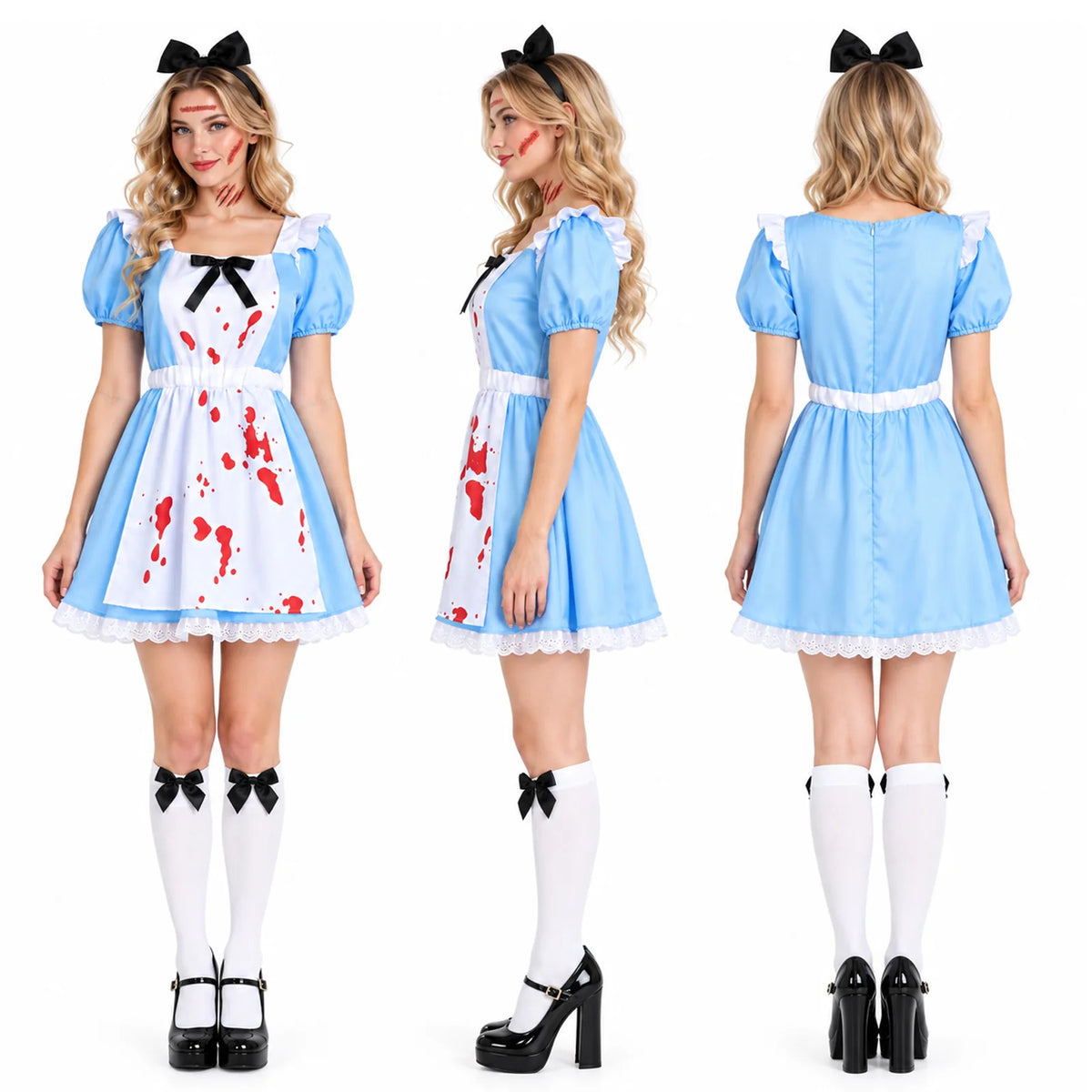 Front, side and back views of the Alice in Wonderland-inspired blue blood-splatter costume dress.