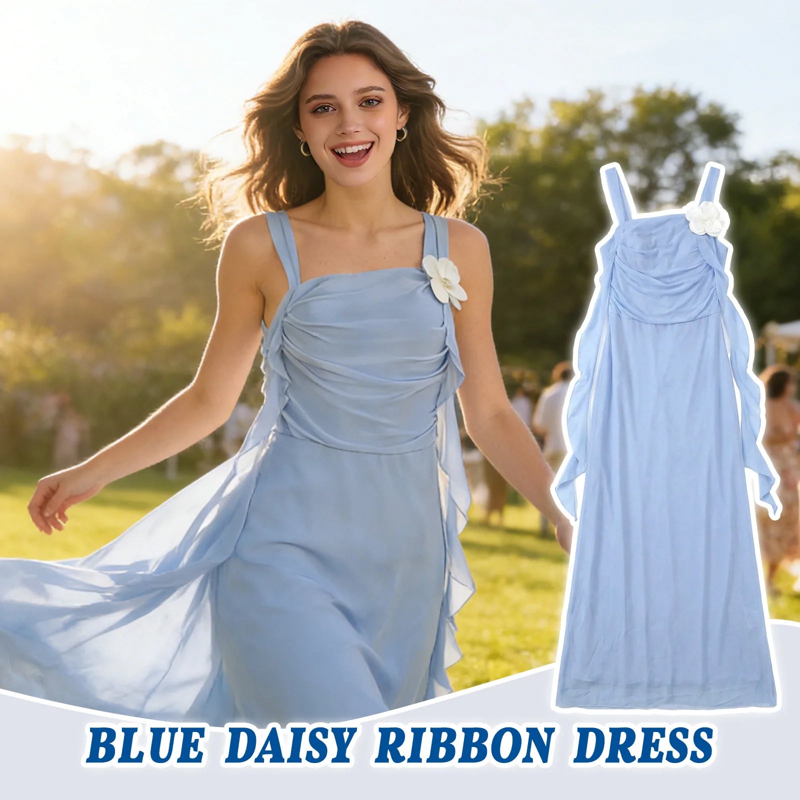 A product detail panel highlights the white daisy applique, ribbon accents and blue fabric of the blue daisy ribbon maxi dress.