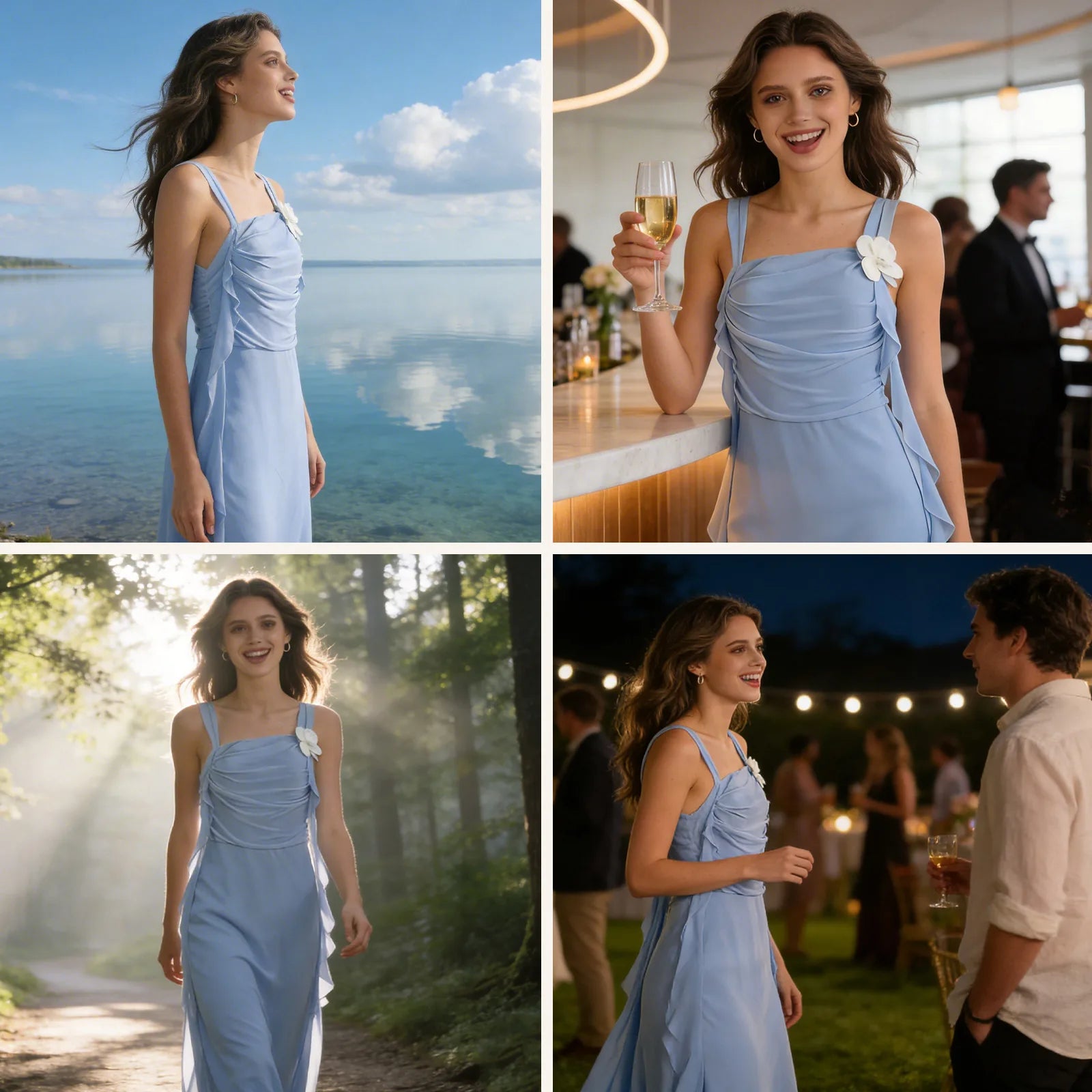 Daylight and evening portraits show a woman wearing the blue daisy ribbon maxi dress with its white shoulder flower visible.