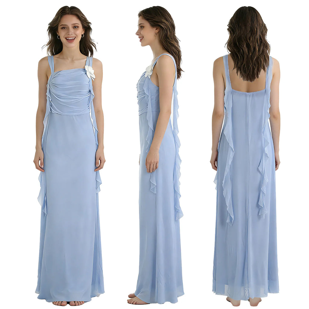The blue daisy ribbon maxi dress is shown from the front, side and back to display its overall fit and silhouette.