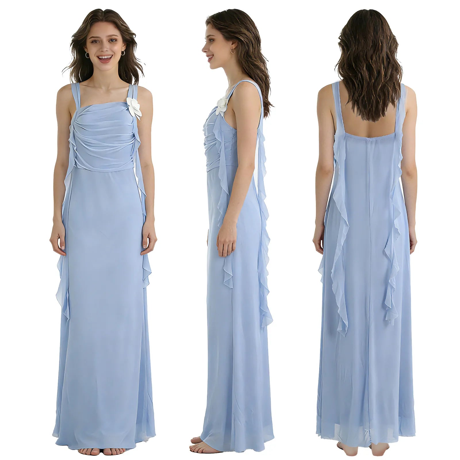 The blue daisy ribbon maxi dress is shown from the front, side and back to display its overall fit and silhouette.