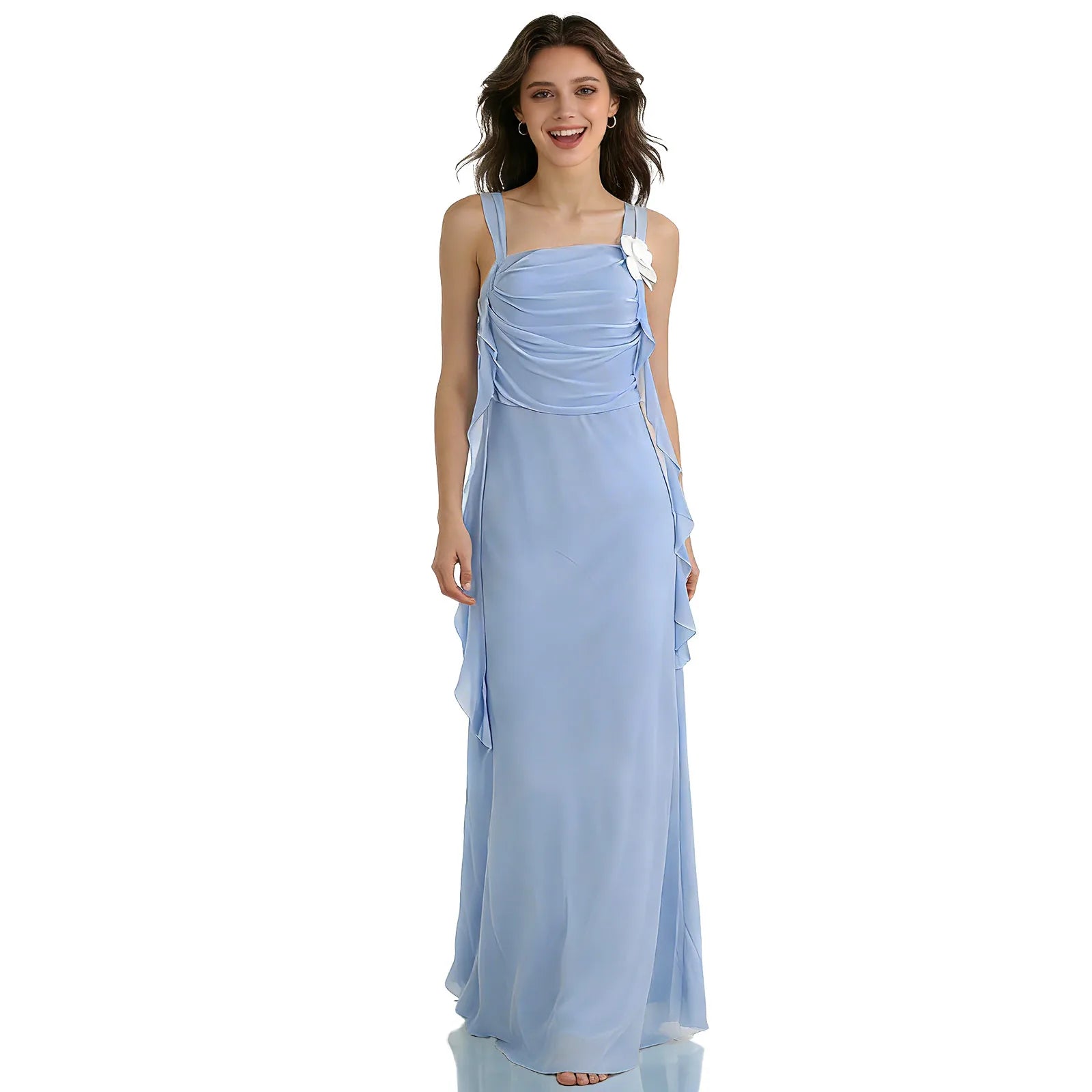 A woman models the blue daisy ribbon maxi dress from the front against a white background, showing its overall silhouette.