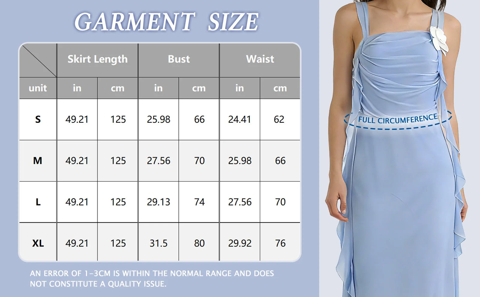 Garment size chart showing the available measurements for the blue daisy ribbon maxi dress.