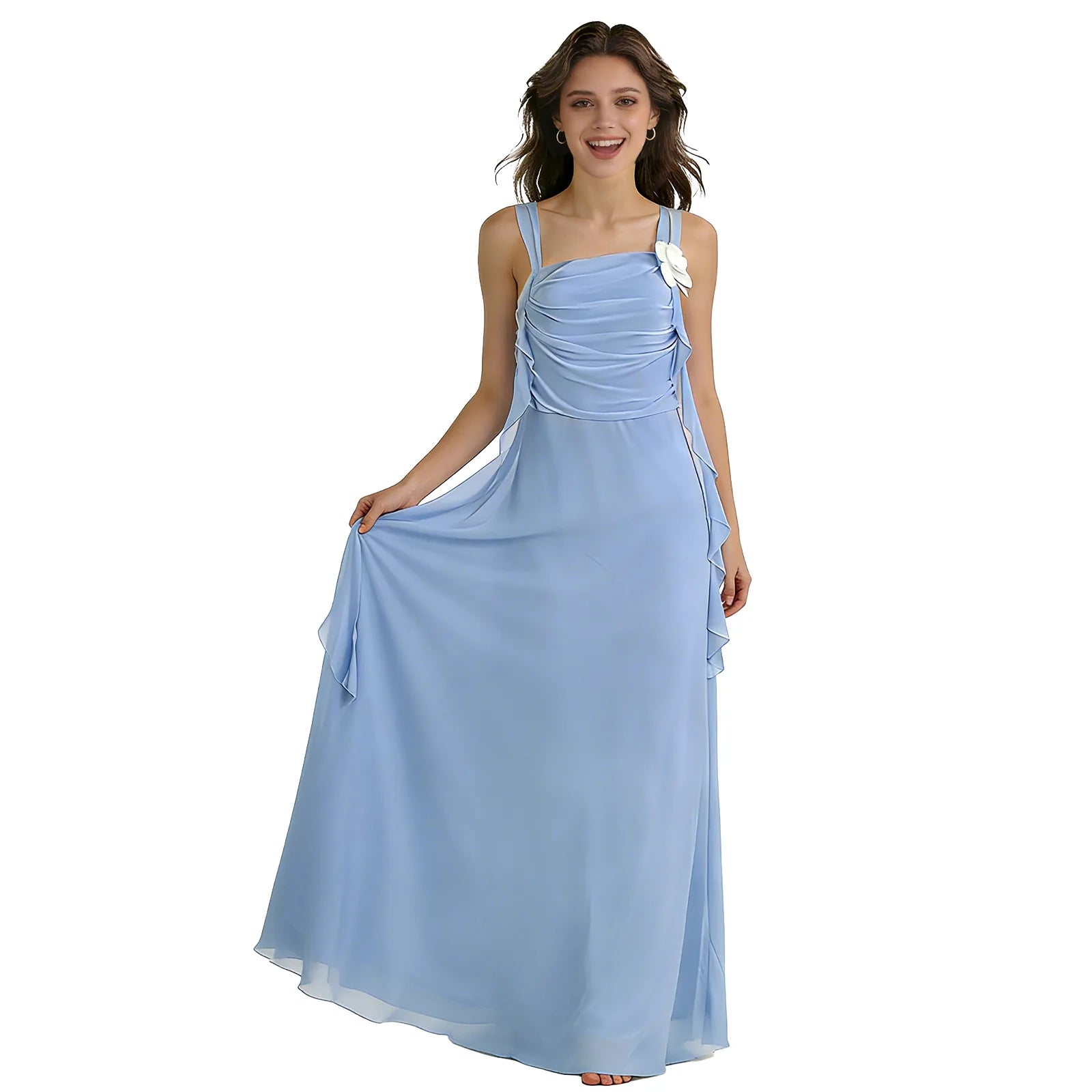 A woman holds out the skirt while modeling the blue daisy ribbon maxi dress from the front against a white background.