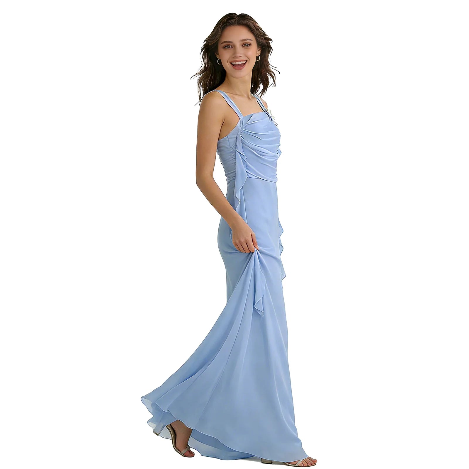 A model wears the blue daisy ribbon maxi dress in side profile against a white background to show its fitted silhouette.