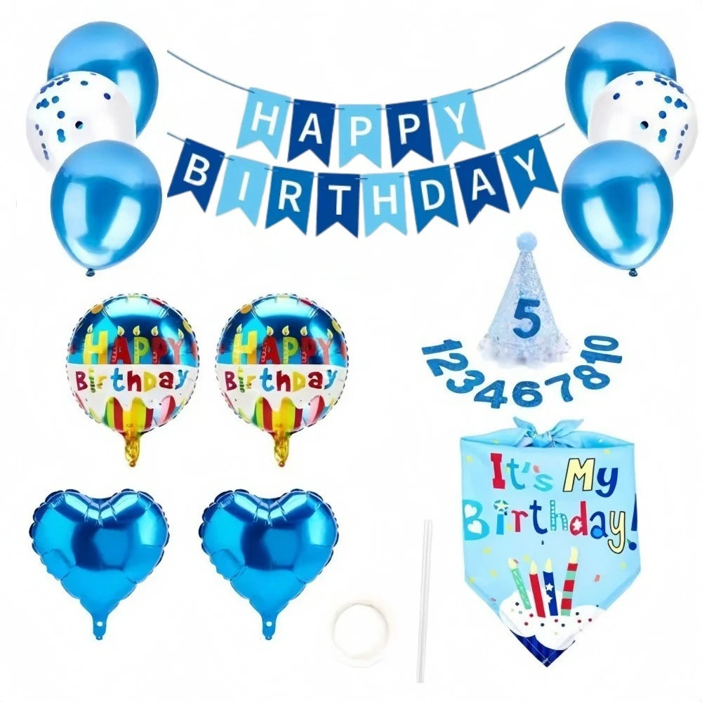 Blue dog birthday party kit with banner, balloons, party hat, and bandana