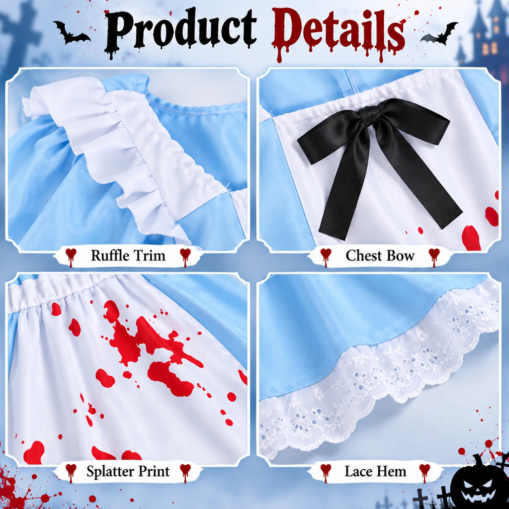 Close-up panels of the Alice in Wonderland-inspired blue dress showing ruffle trim, black chest bow, blood-splatter print and lace hem.