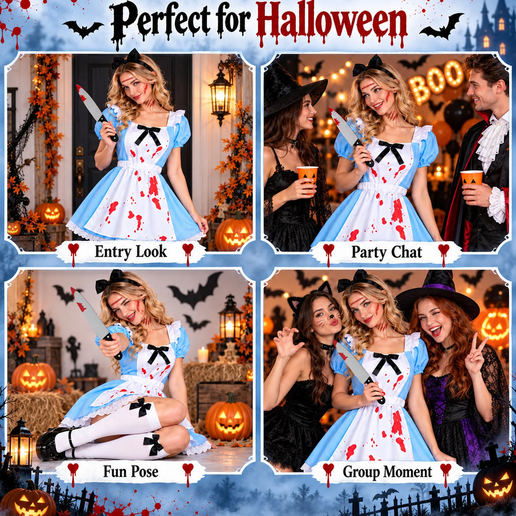 Four Halloween styling scenes featuring the Alice in Wonderland-inspired blue horror princess costume.