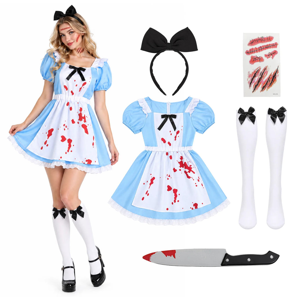 Alice in Wonderland-inspired blue horror princess costume displayed with the five included pieces.