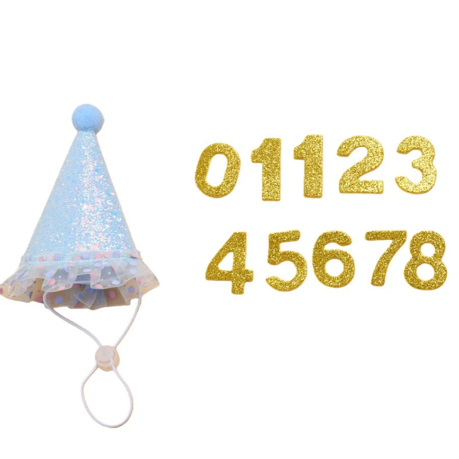 Blue pet birthday party hat with gold number stickers for dogs or cats