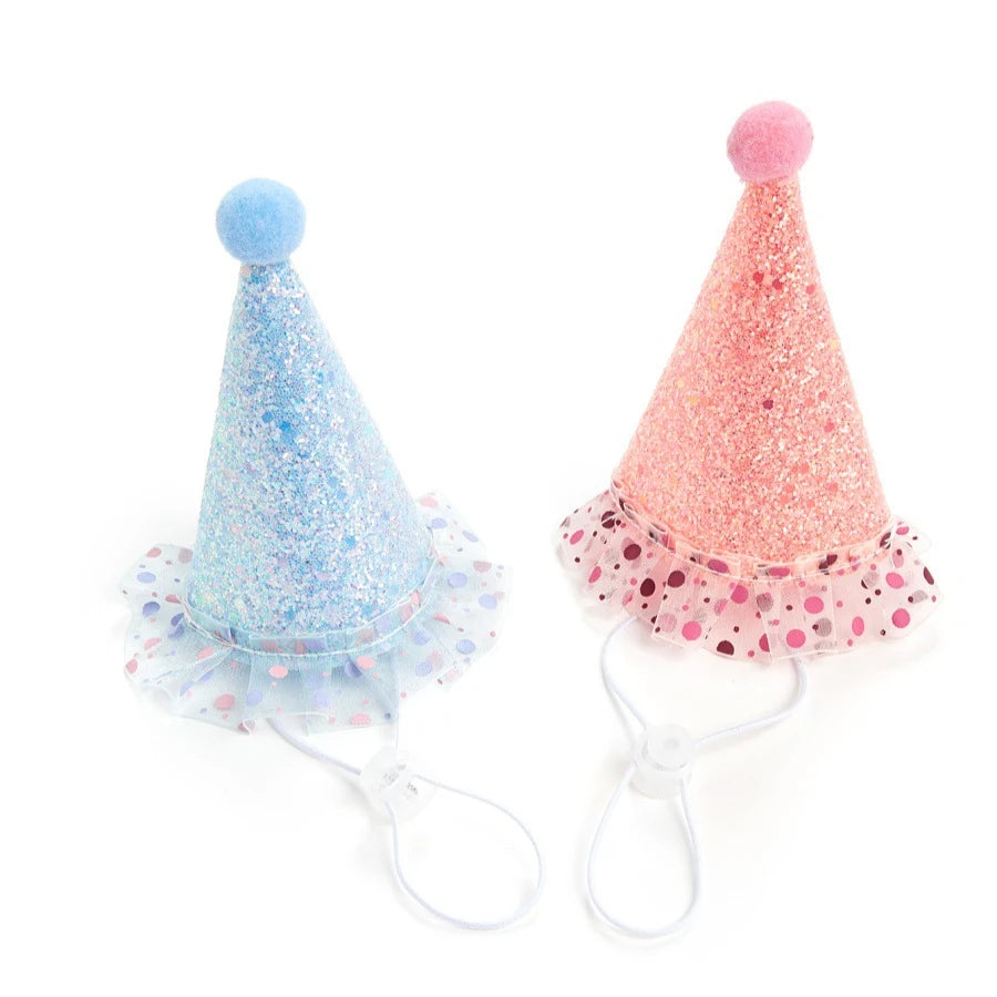 Blue and pink pet birthday party hats with elastic straps
