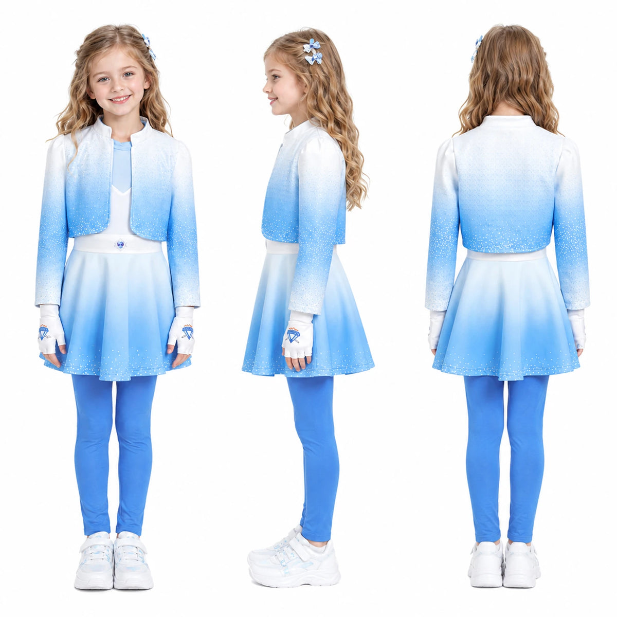 Front, side and back views show the blue princess costume inspired by Descendants with its ombre jacket and layered dress.