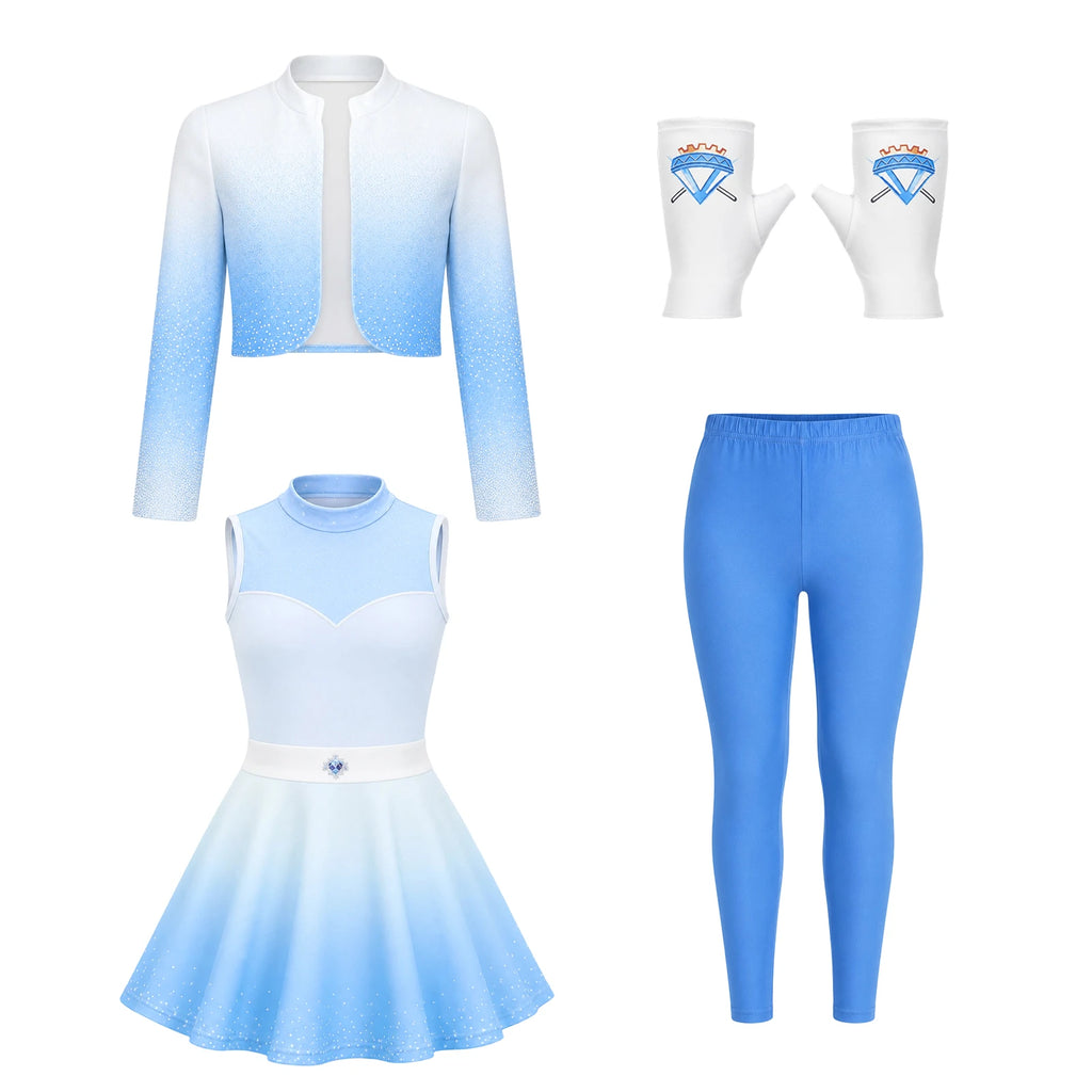 The blue princess costume inspired by Descendants is laid out as a jacket, dress, pants and white fingerless gloves.