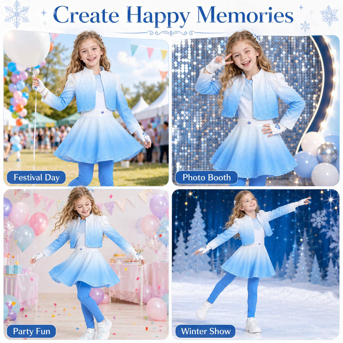 A collage shows the blue princess costume inspired by Descendants in party, photo-booth and performance settings.
