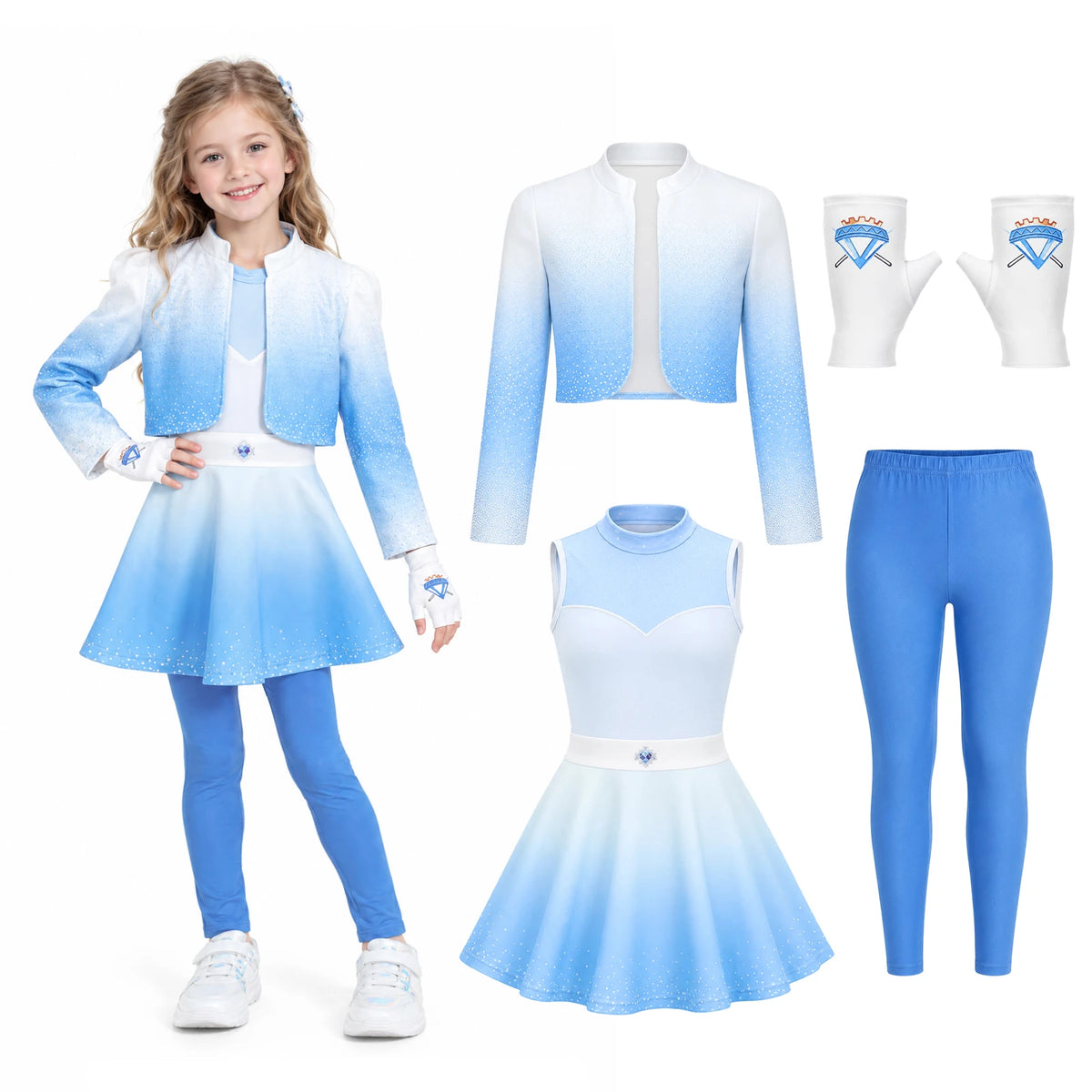 A child wears a blue princess costume inspired by Descendants beside its jacket, dress, pants and gloves.