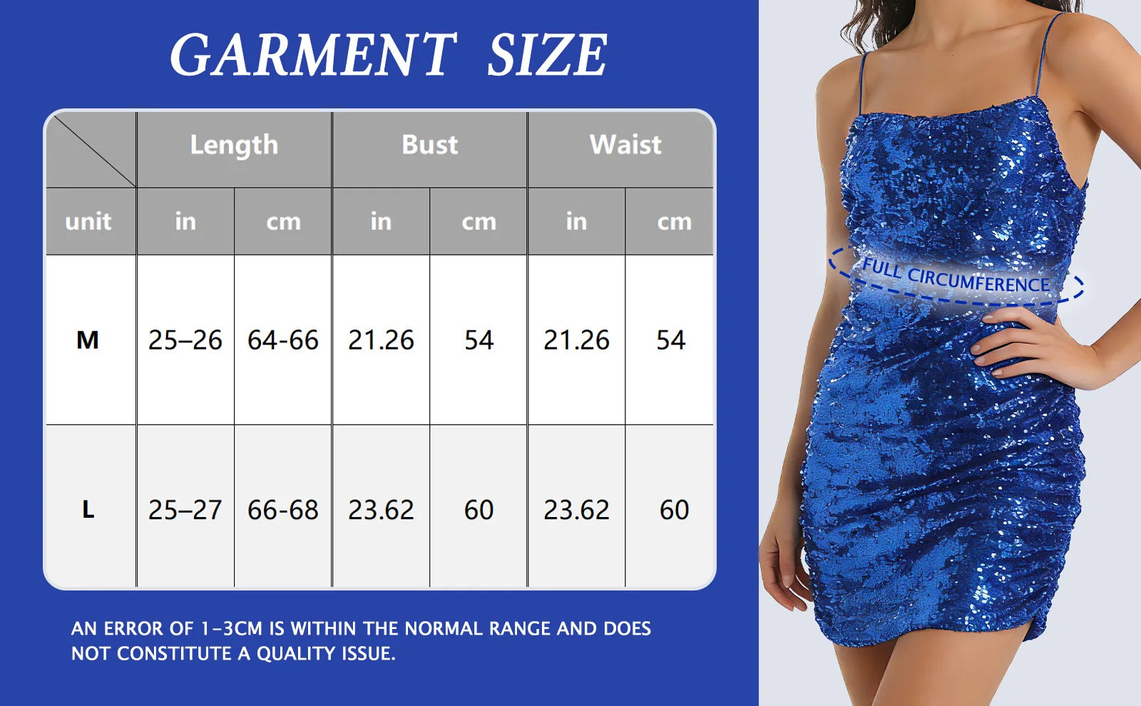 Garment size chart showing the available measurements for the blue sequin cami mini dress.