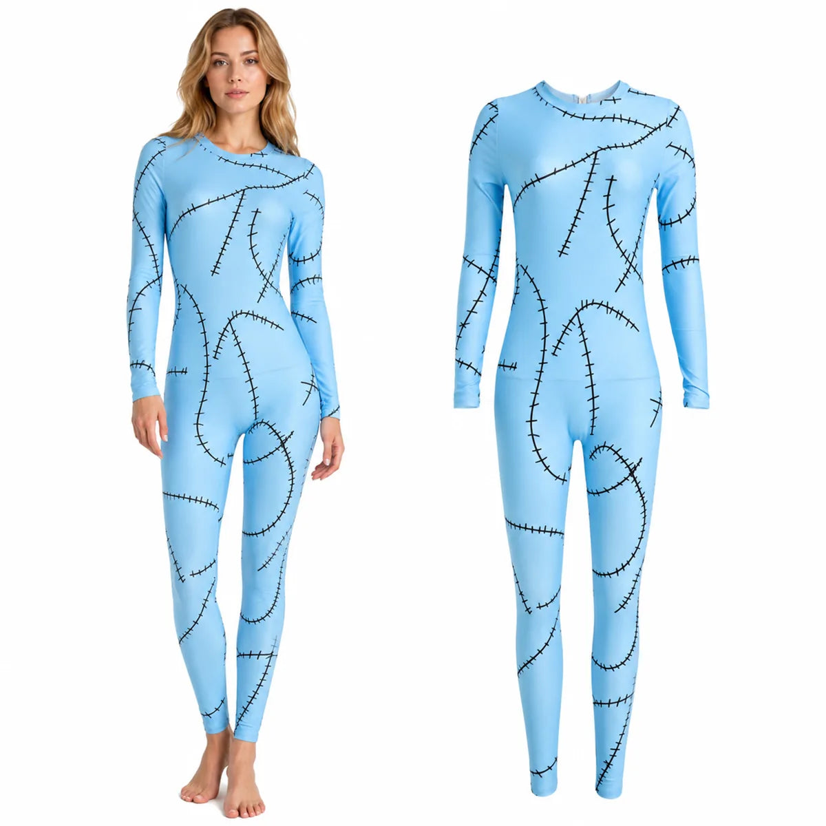 Women’s blue stitch-print doll jumpsuit costume front view