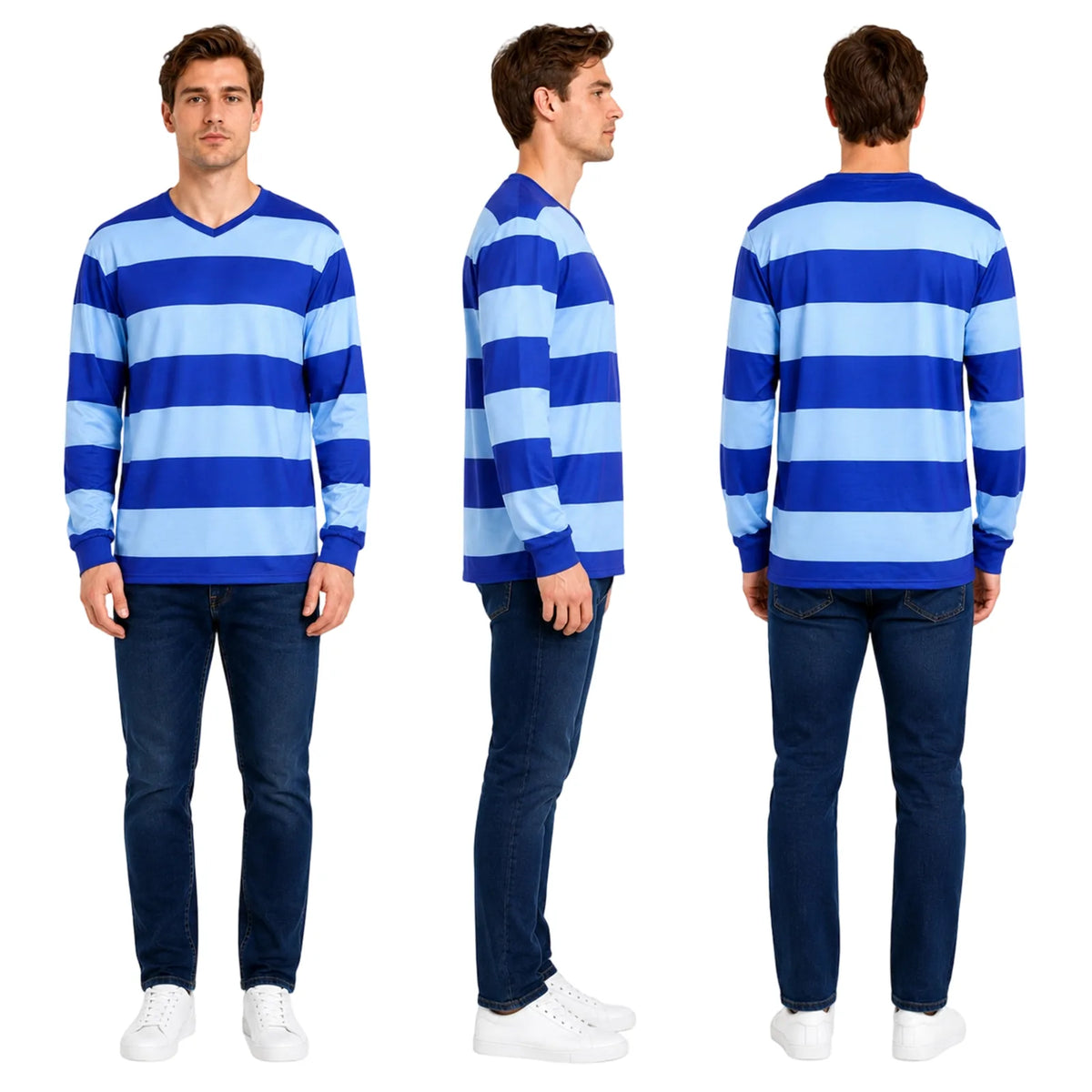 Multiple angle views of an adult man wearing the blue v-neck striped shirt costume.