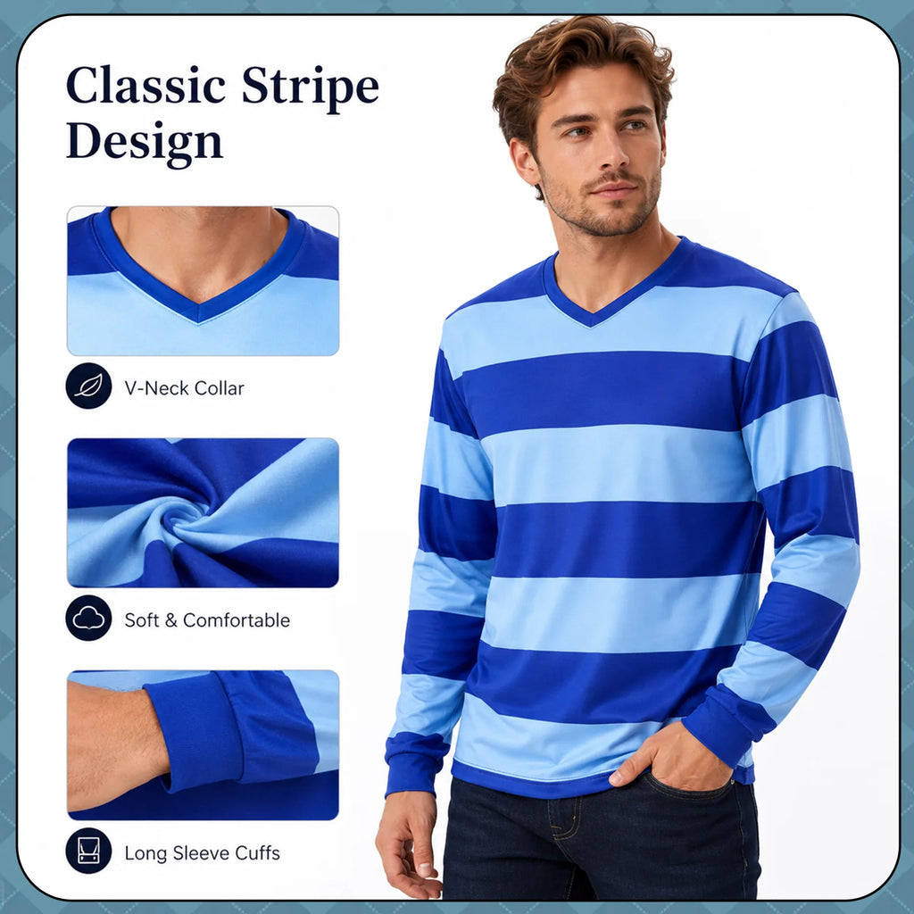 Close-up detail view of the blue v-neck striped shirt costume fabric and stitching construction.