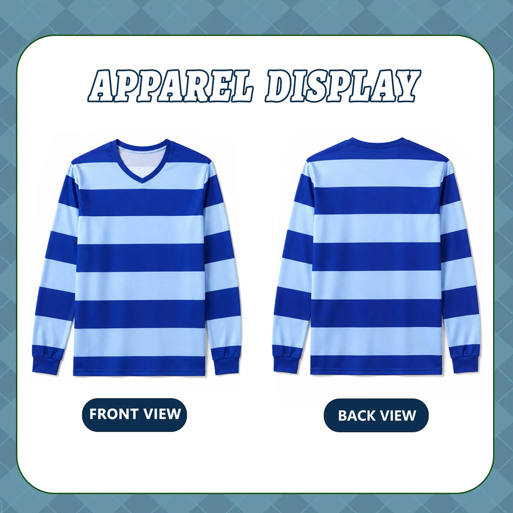 Flat lay display of the blue v-neck striped shirt costume.