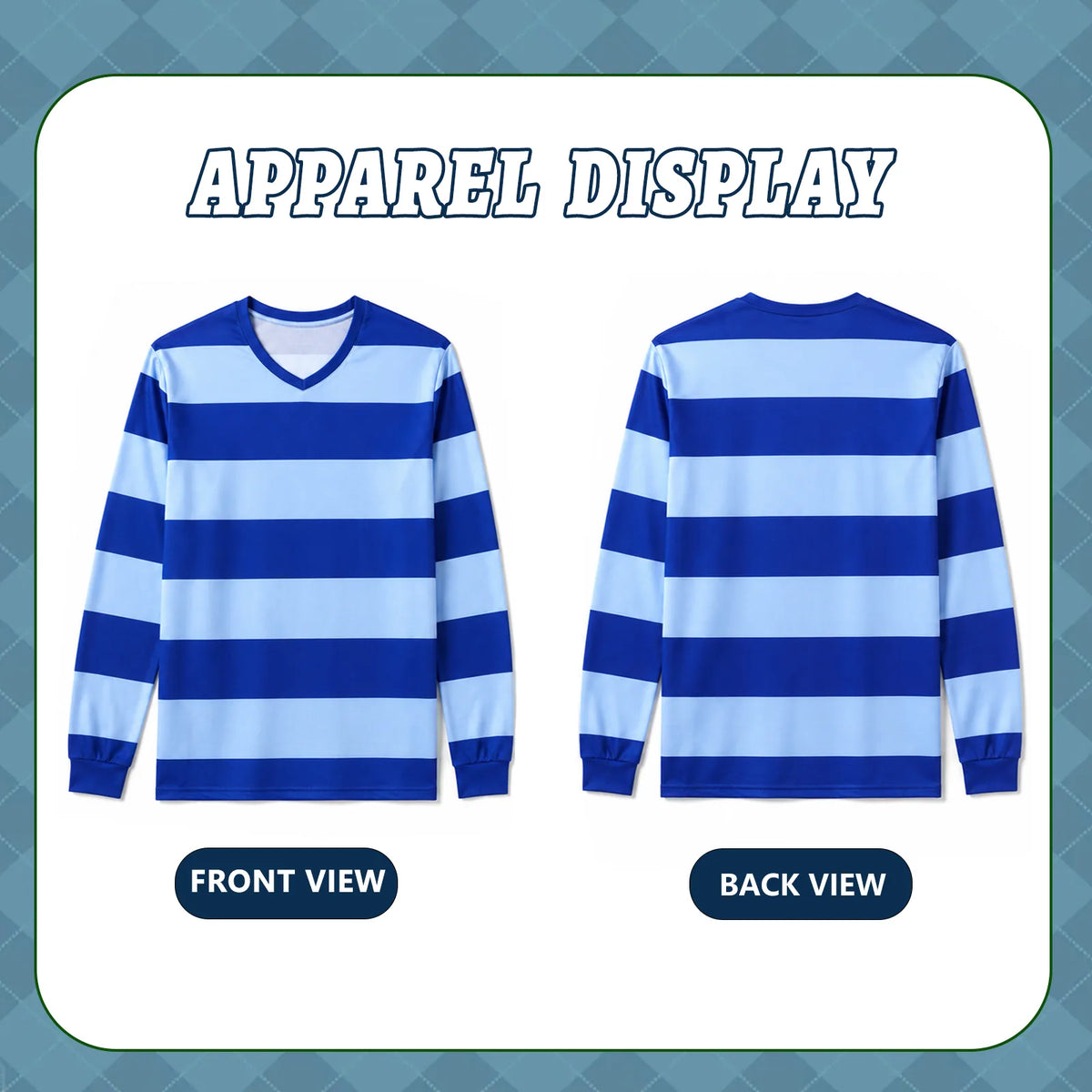 Flat lay display of the blue v-neck striped shirt costume.