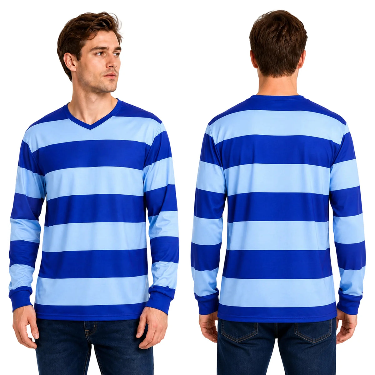 Front and back view of the blue v-neck striped shirt costume showing the full design.