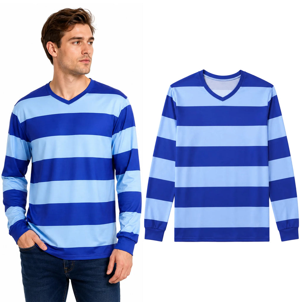 An adult man wearing the blue v-neck striped shirt costume, standing in a front-facing studio pose.