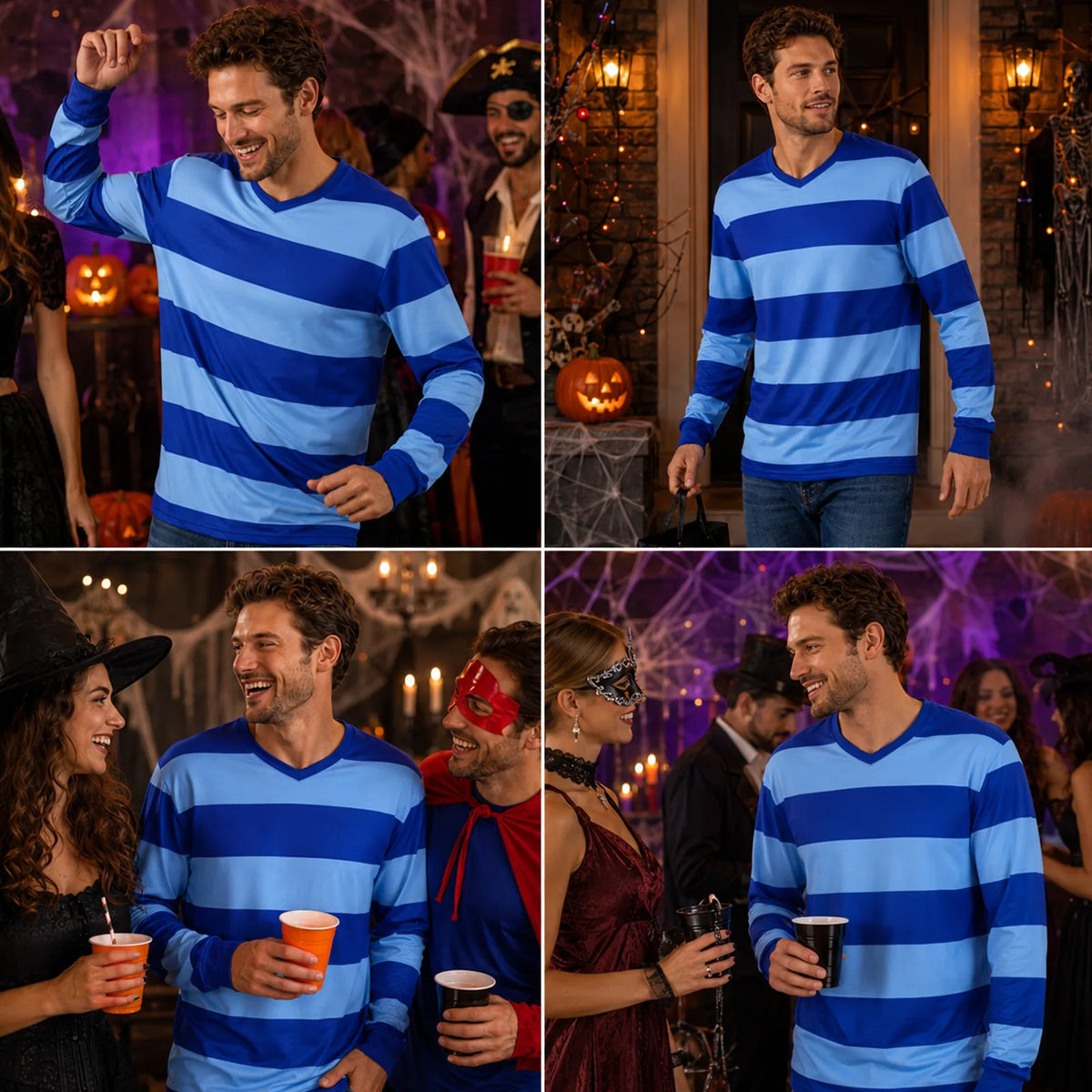 An adult man wearing the blue v-neck striped shirt costume among other costumed guests at a Halloween party.