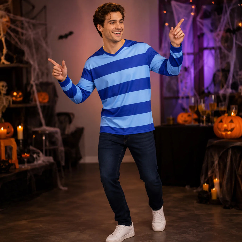 An adult man wearing the blue v-neck striped shirt costume in a Halloween party lifestyle scene.