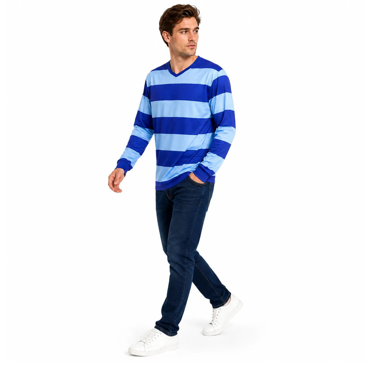 Side view of an adult man wearing the blue v-neck striped shirt costume, showing the fit.