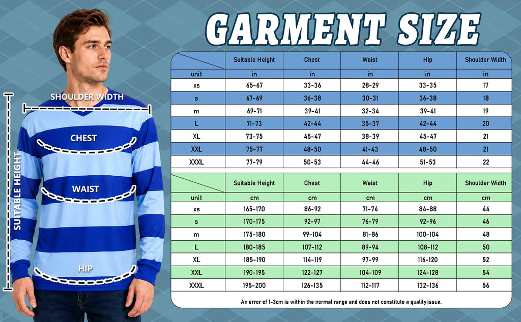 Size chart for the blue v-neck striped shirt costume listing body measurements for sizes XS through XXXL.