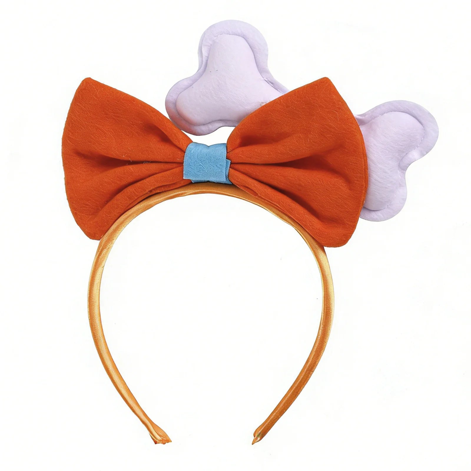 Bone and orange bow costume headband is shown from a three-quarter angle, highlighting the orange bow, black triangular spots and white bone decoration.