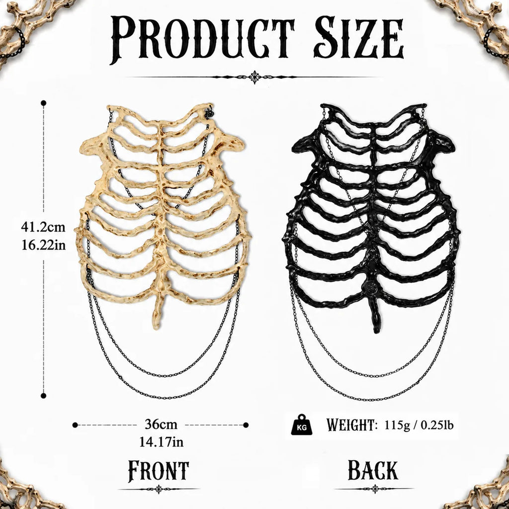 Dimension chart for the bone skeleton chest armor, showing the listed product measurements and scale.