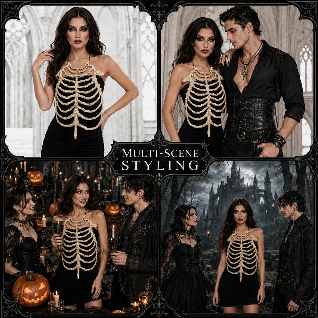 The bone skeleton chest armor shown across several styled Halloween and event display scenes.